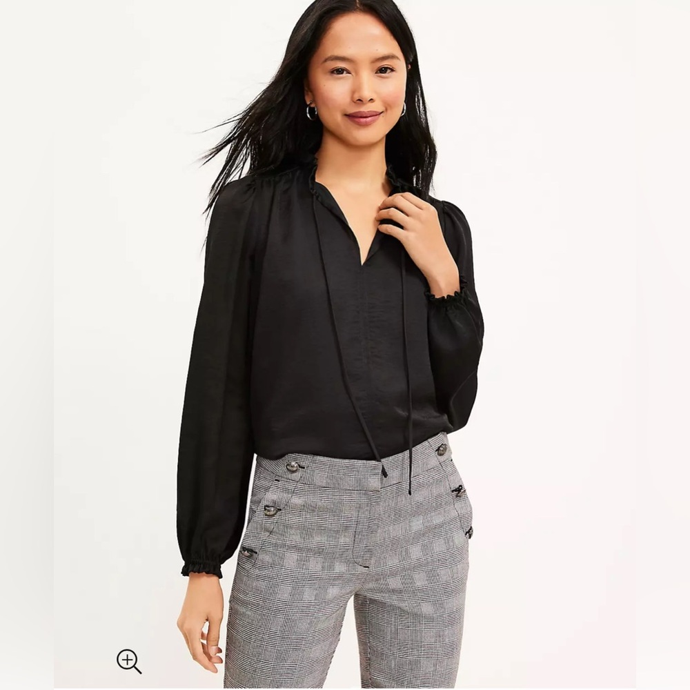 LOFT- Ruffle Tie Neck Mixed Media Blouse